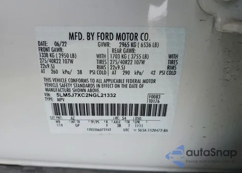 2022 Lincoln Aviator Reserve z USA, uszkodzony, nr VIN 5LM5J7XC2NGL21332